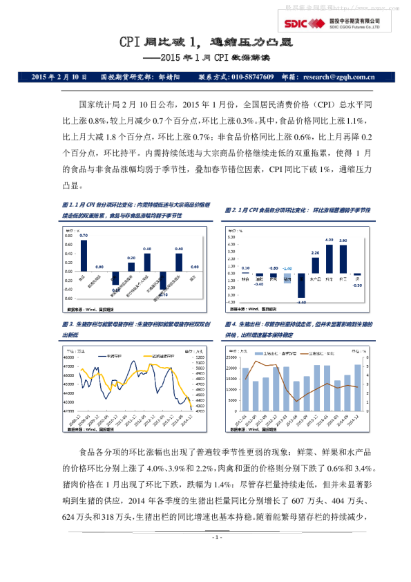 2015年1月CPI 数据解读：CPI同比破1,通缩压力凸显