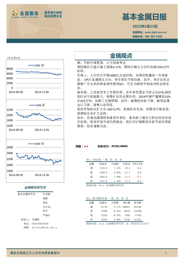 金瑞期货基本金属日报