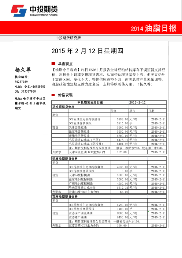 中投期货油脂早报