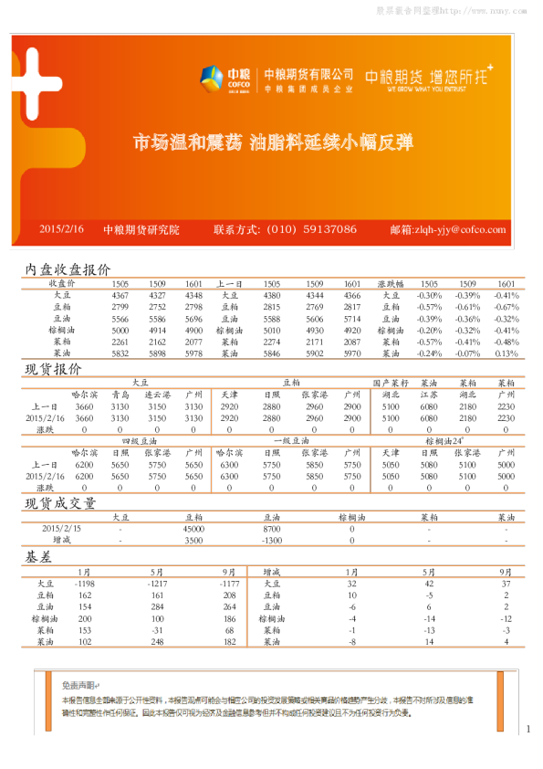 中粮期货：市场温和震荡,油脂料延