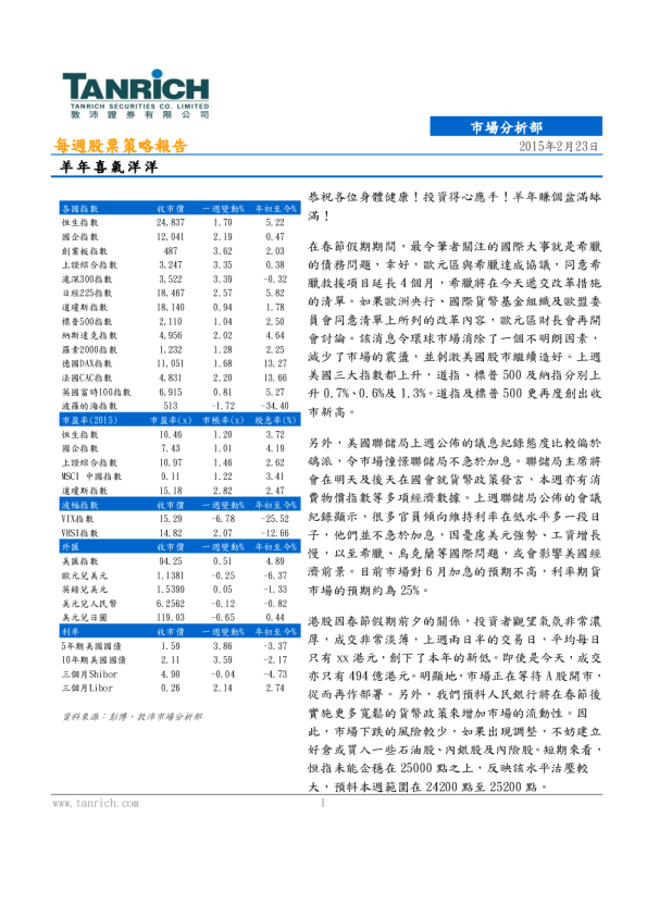 每周股票策略报告：羊年喜气洋洋