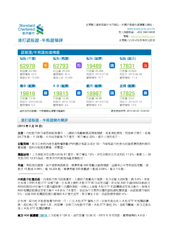 渣打认股证·牛熊证简评