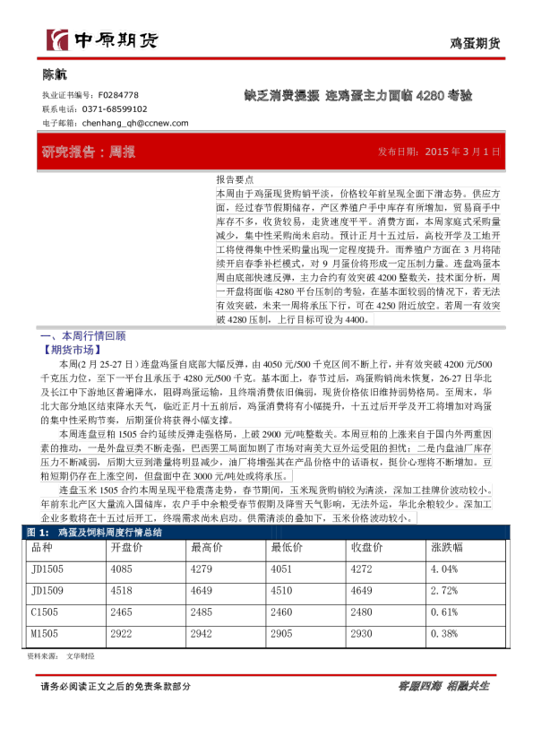 鸡蛋期货：缺乏消费提振 连鸡蛋主力面临4280考验