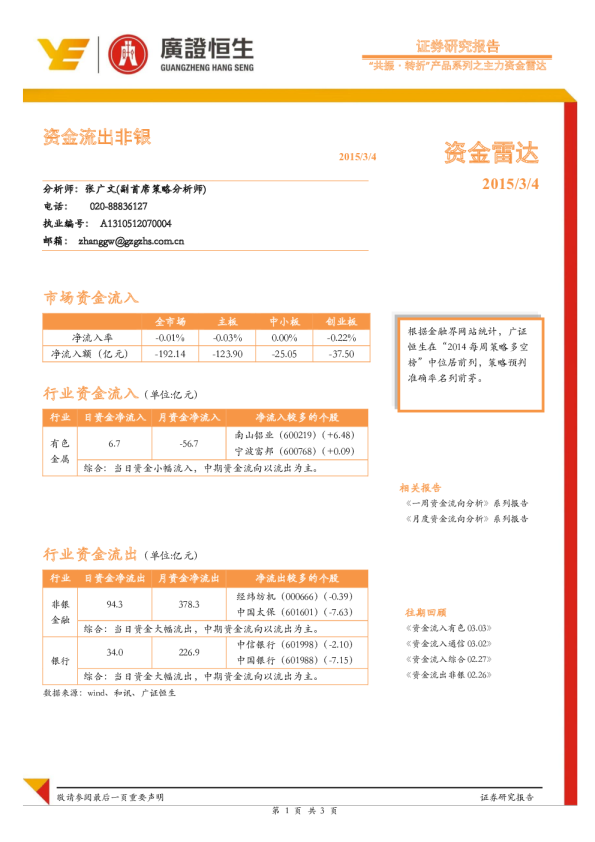 “共振﹒转折”产品系列之主力资金雷达：资金流出非银