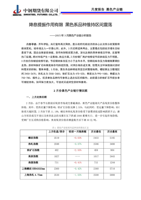 黑色产业链分析报告：降息提振作用有限 黑色系品种维持区间震荡