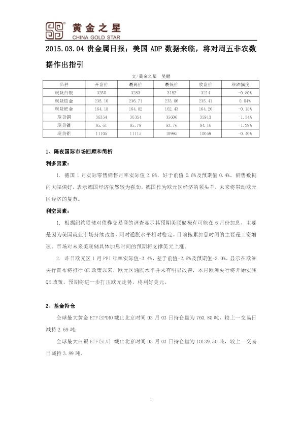 贵金属日报：美国ADP数据来临，将对周五非农数据作出指引