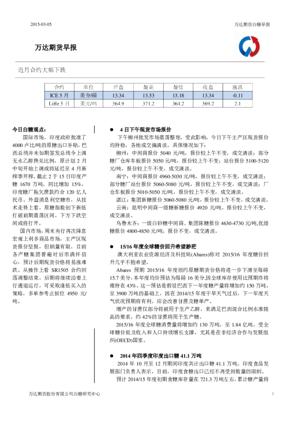 白糖早报：近月合约大幅下跌