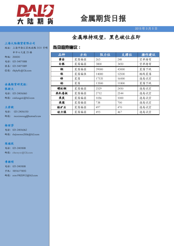 金属期货日报：金属维持观望，黑色破位在即