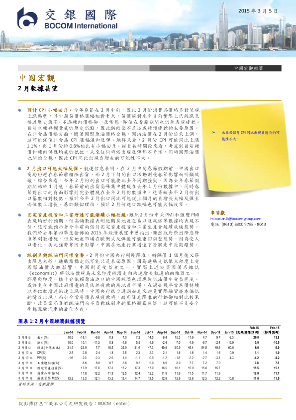 中国宏观经济：2月数据展望