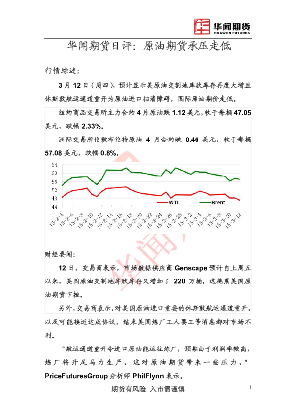 原油期货承压走低