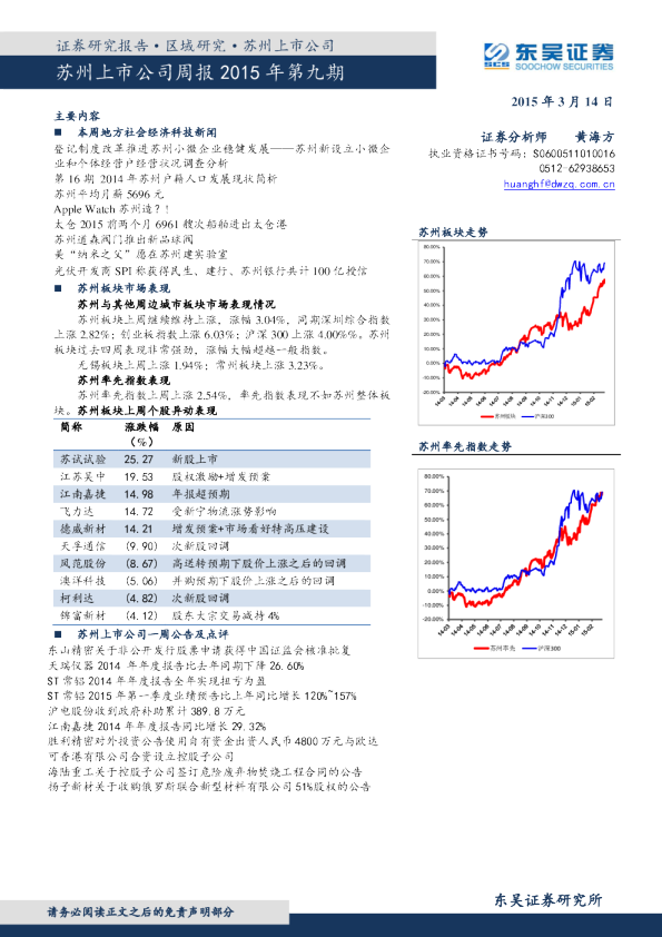 苏州上市公司周报2015年第九期