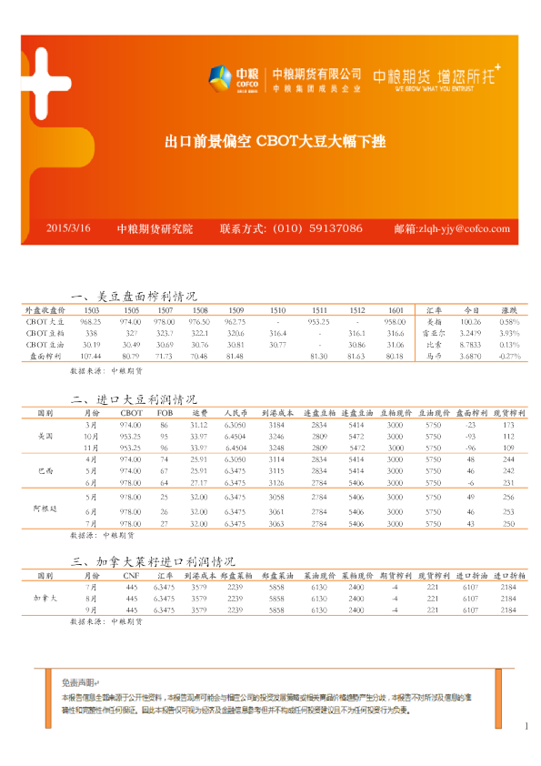 出口前景偏空 CBOT大豆大幅下挫