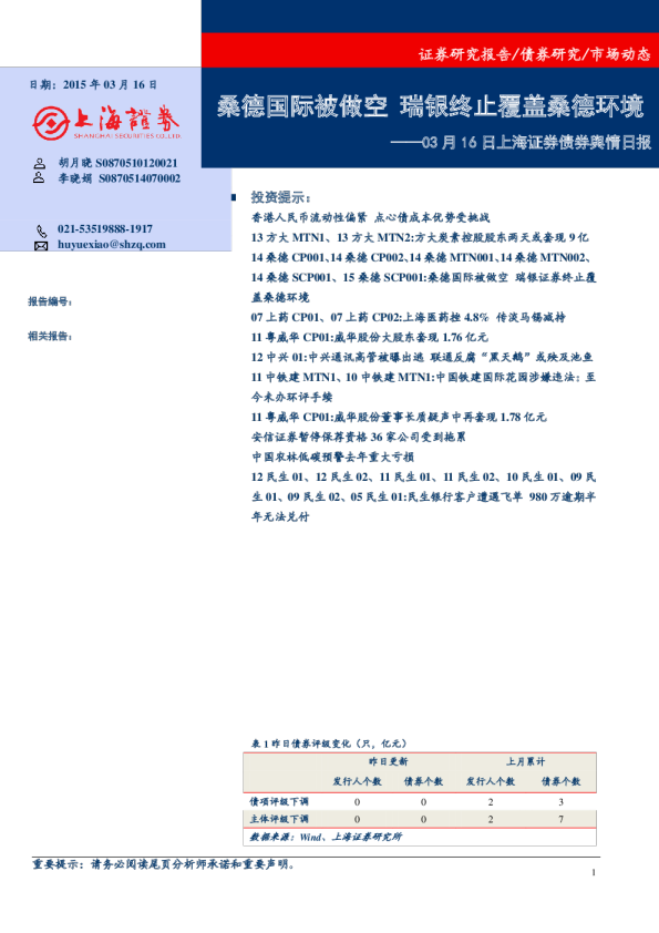 债券舆情日报：桑德国际被做空 瑞银终止覆盖桑德环境