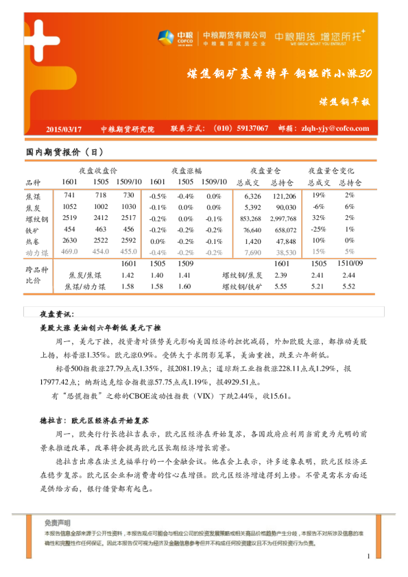煤焦钢早报：煤焦钢矿基本持平 钢坯昨小涨30