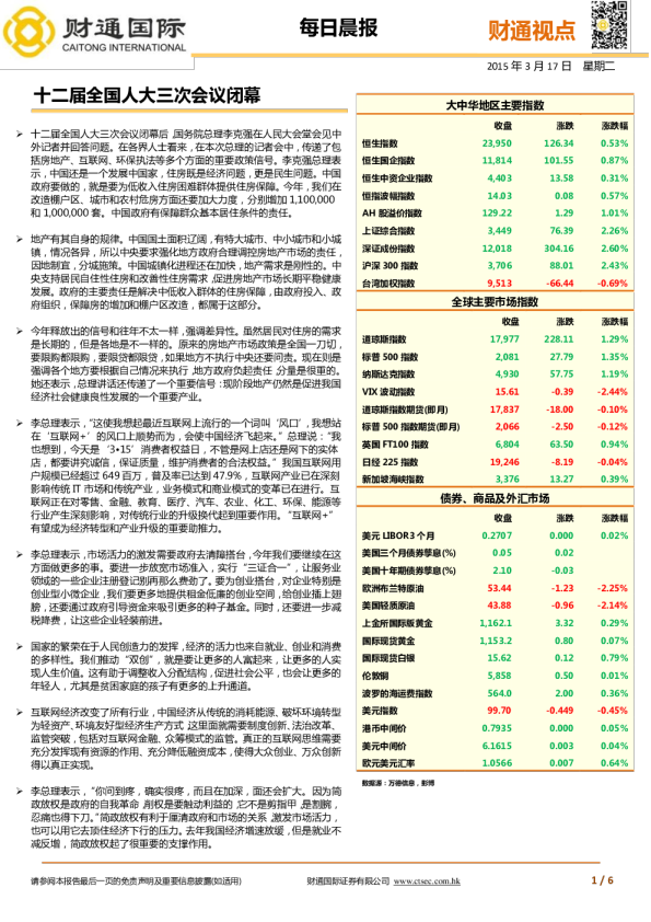 每日晨报：十二届全国人大三次会议闭幕