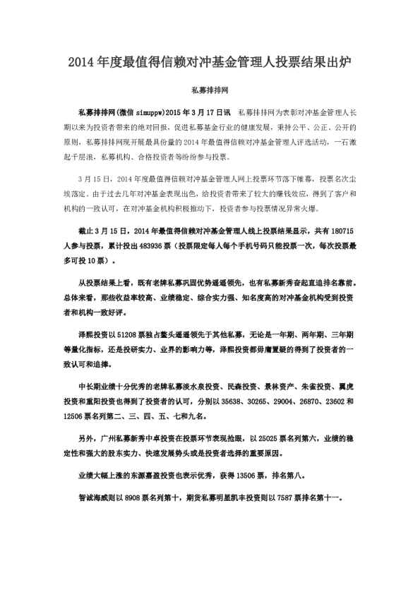 2014年度最值得信赖对冲基金管理人投票结果出炉
