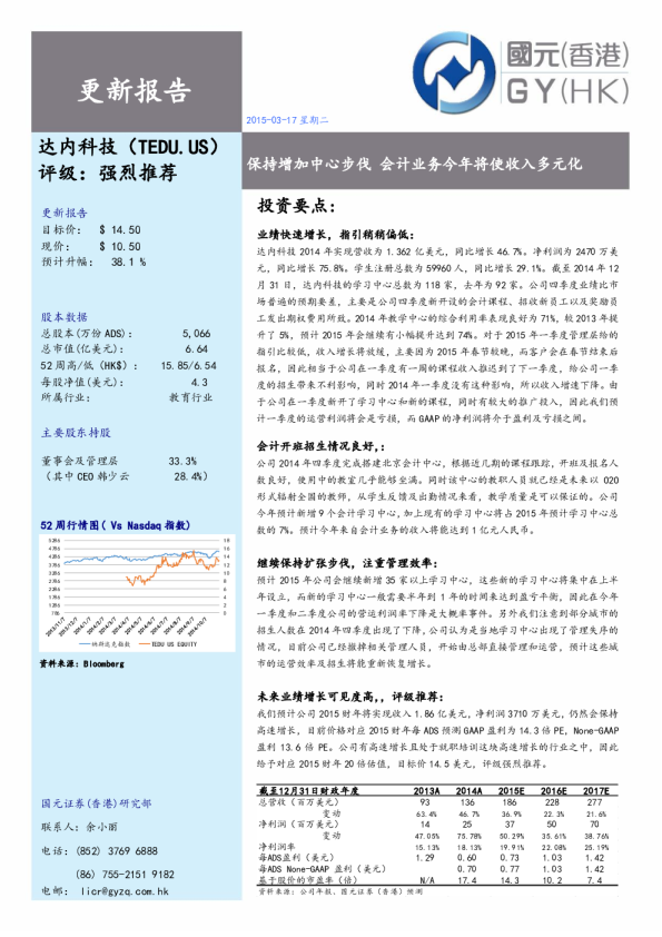 达内科技(TEDU)：保持增加中心步伐,会计业务今年将使收入多元化