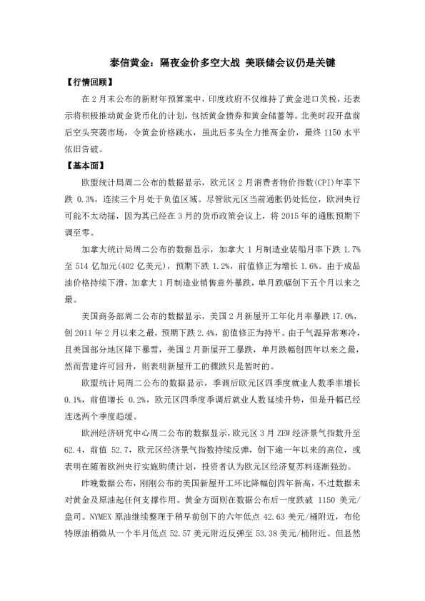 隔夜金价多空大战 美联储会议仍是关键