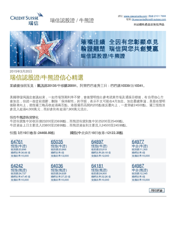 瑞信认股证/牛熊证信心精选