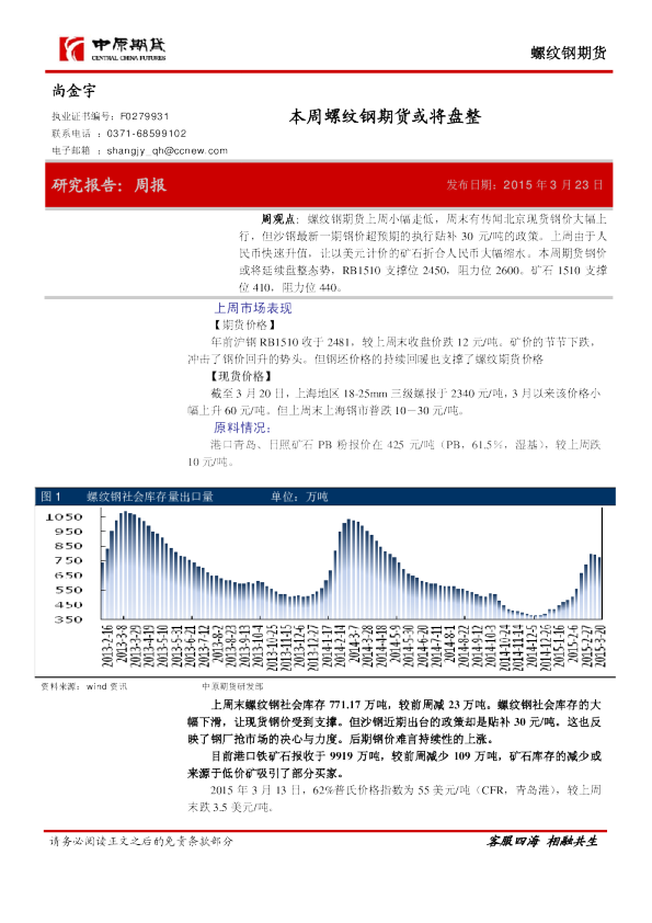 螺纹钢期货：本周螺纹钢期货或将盘整