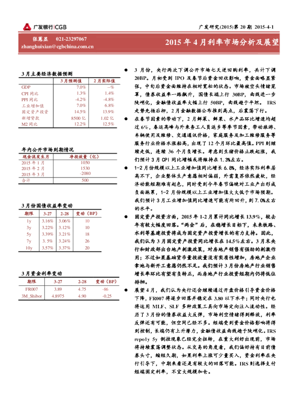 2015年4月利率市场分析与展望