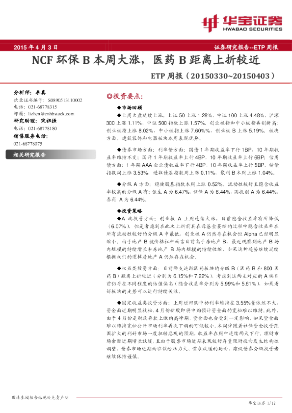ETP周报：NCF环保B本周大涨，医药B距离上折较近