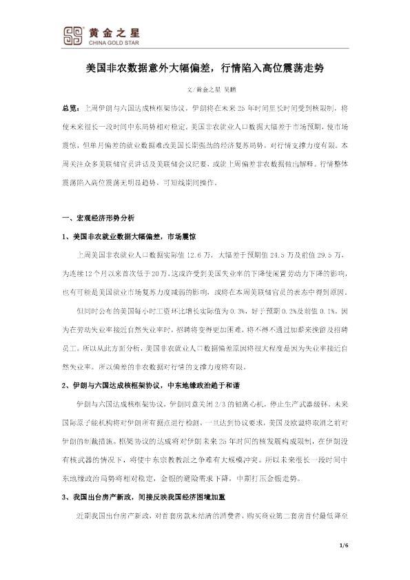 美国非农数据意外大幅偏差，行情陷入高位震荡走势