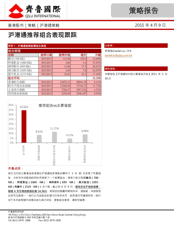 策略报告：沪港通推荐组合表现跟踪
