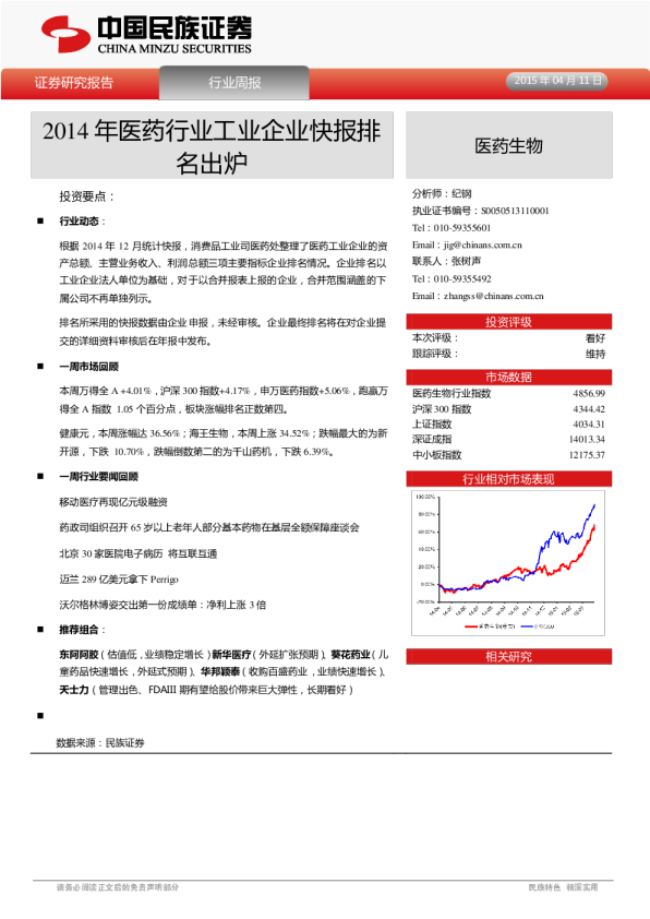 医药生物：周报-2014年医药行业工业企业快报排名出炉