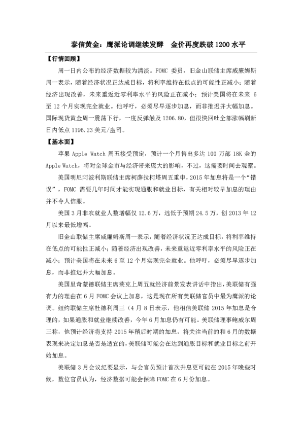 鹰派论调继续发酵 金价再度跌破1200水平
