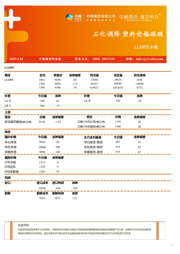 LLDPE日报：石化调降 塑料价格跟跌