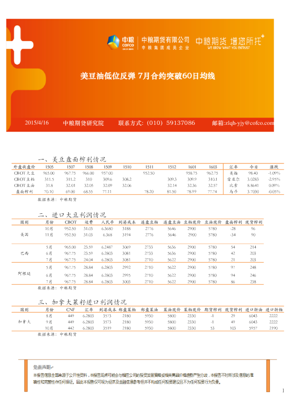 美豆油低位反弹 7月合约突破60日均线