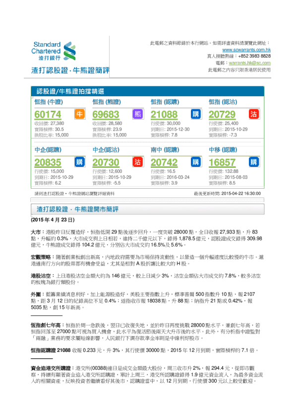 渣打认股证·牛熊证简评