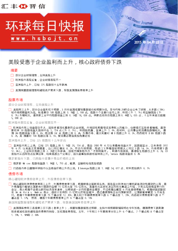 环球每日快报：美股受惠于企业盈利而上升，核心政府债券下跌