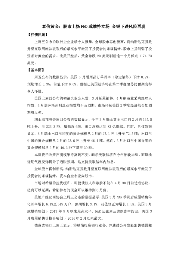 股市上扬FED或维持立场 金银下跌风险再现