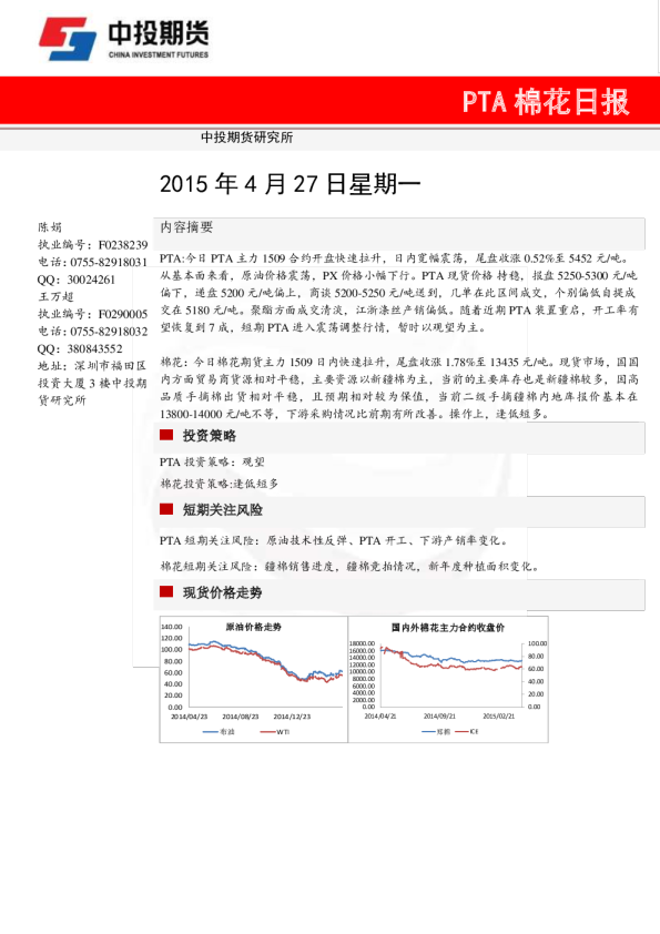 中投期货PTA棉花日报