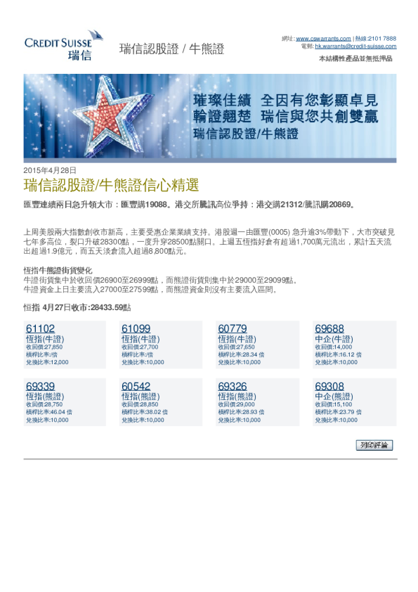 瑞信认股证/牛熊证信心精选