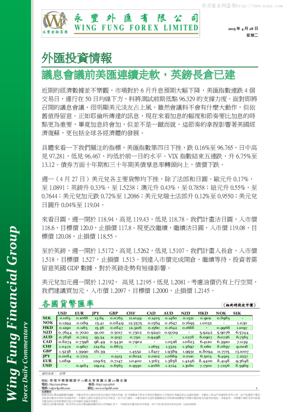 永丰金融外汇投资情报