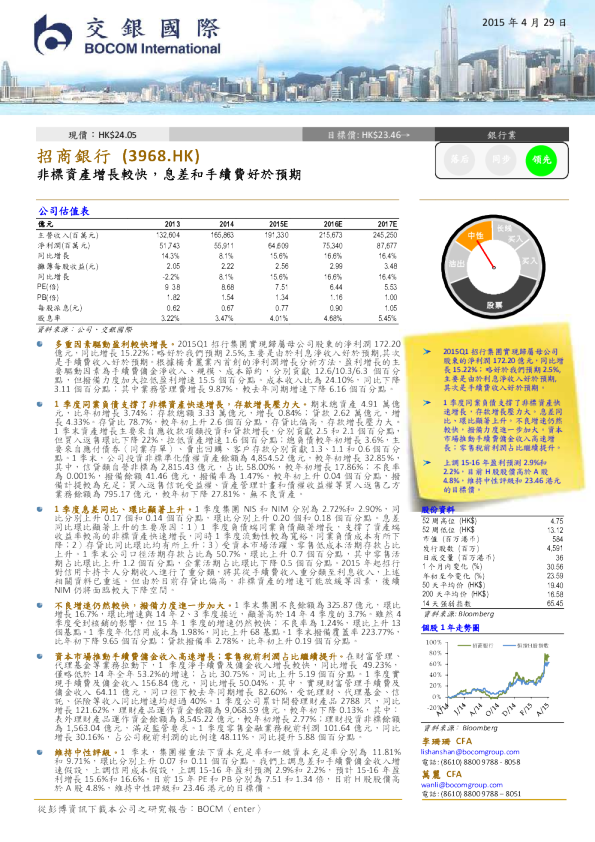 非标资产增长较快，息差和手续费好于预期