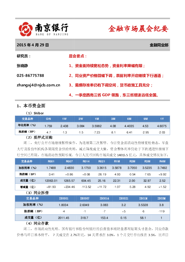 金融市场晨会纪要