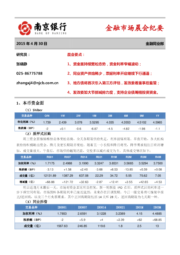 金融市场晨会纪要