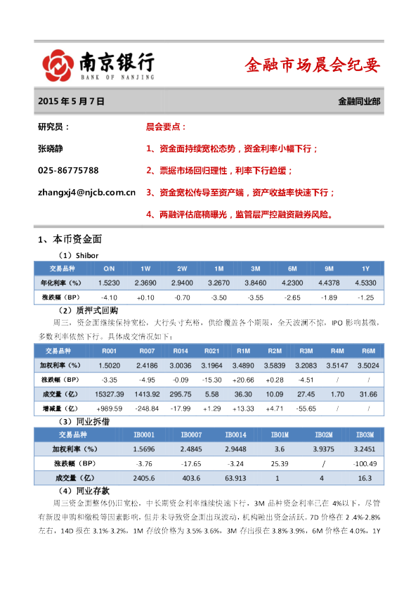 金融市场晨会纪要
