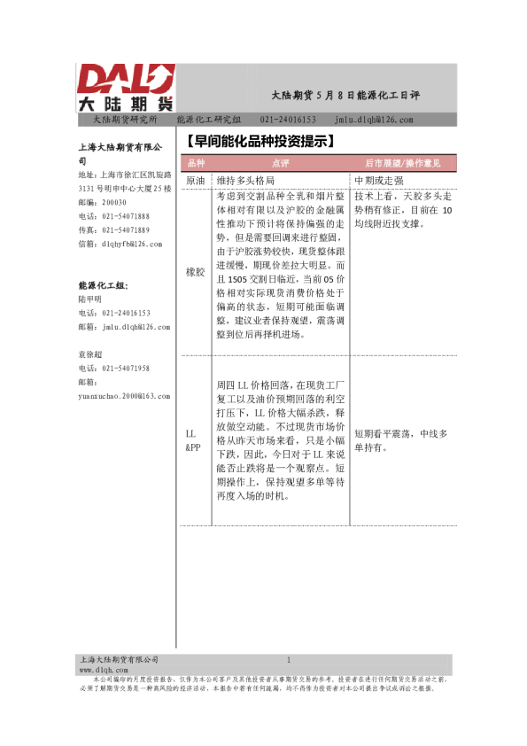 能源化工日评：【早间能化品种投资提示】