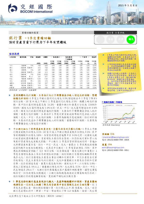 银行业：1季度业绩回顾-预计资产质量下行压力下半年有望趋缓