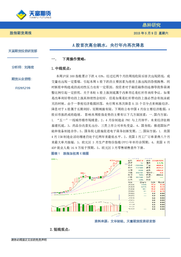 股指期货周报：A股首次高台跳水，央行年内再次降息