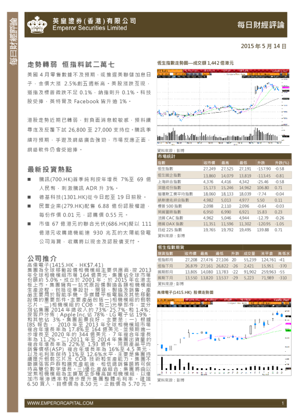 英皇证券每日股市财经评论