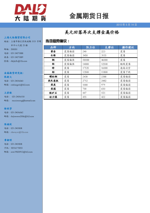 金属期货日报：美元回落再次支撑金属价格