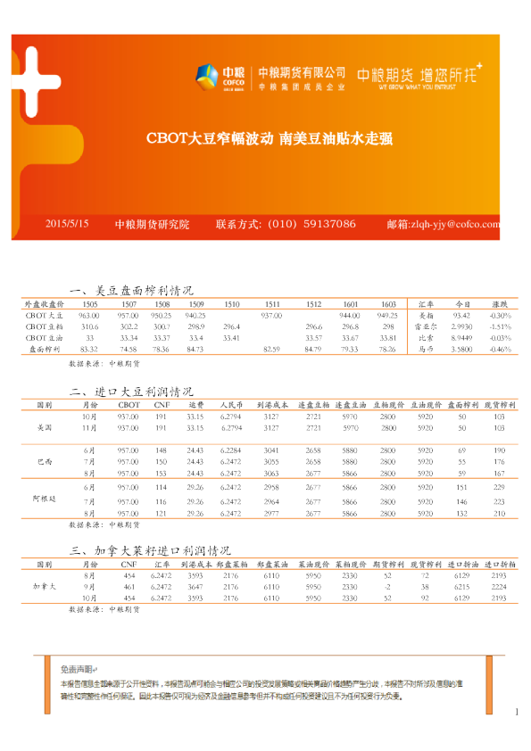 CBOT大豆窄幅波动 南美豆油贴水走强