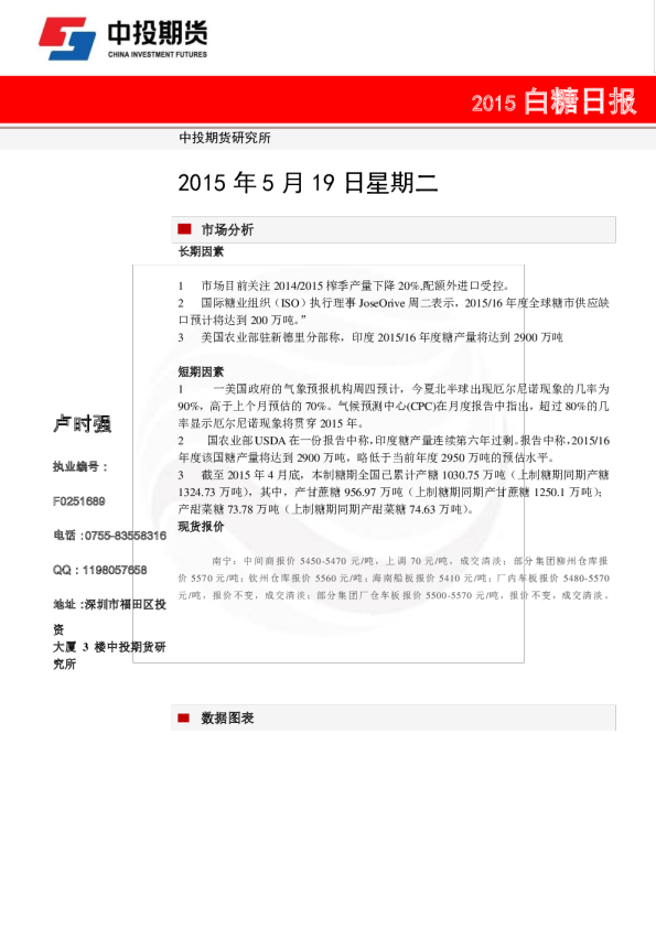 中投天琪期货白糖日报