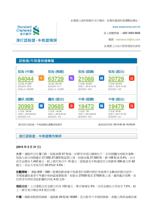 渣打认股证：牛熊证简评